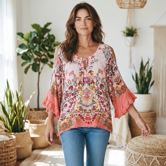 Democracy Tops - Democracy Womens L Boho Floral Cold Shoulder Lace Up Peasant Top Rayon